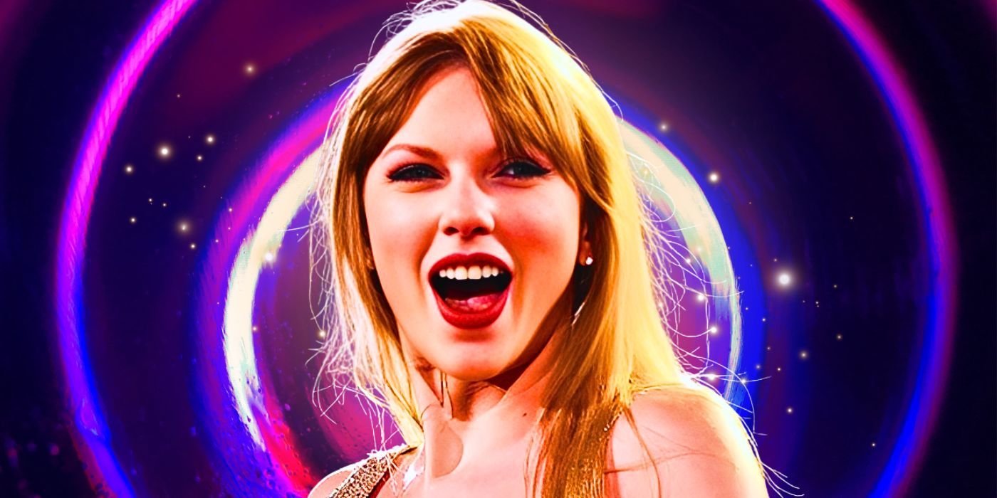 A custom image of Taylor Swift looking happy from The Eras Tour movie