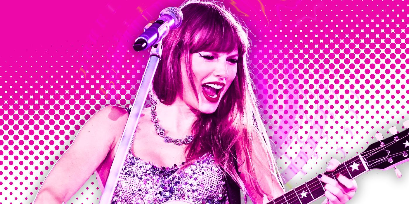 Taylor Swift plays guitar during the Lover era in The Eras Tour concert movie.
