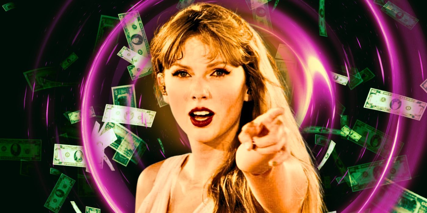 Taylor Swift pointing in The Eras Tour Movie with money and a swirl design behind her