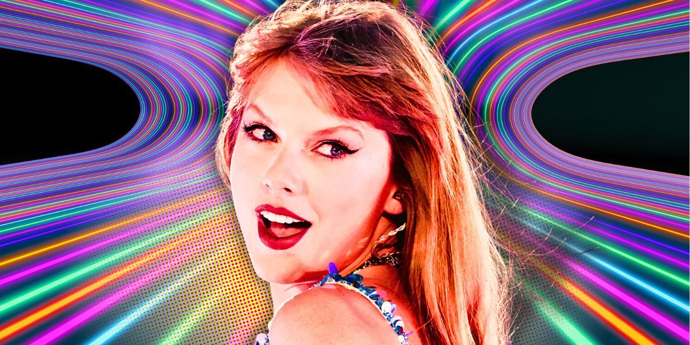 Taylor Swift in The Eras Tour movie with a neon color background