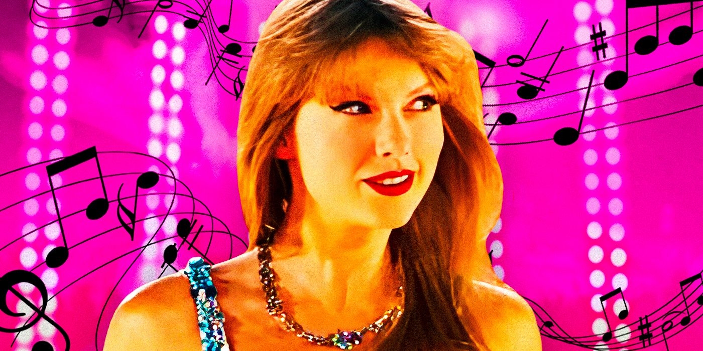 Taylor Swift smiles in The Eras Tour movie against a backdrop of music notes.