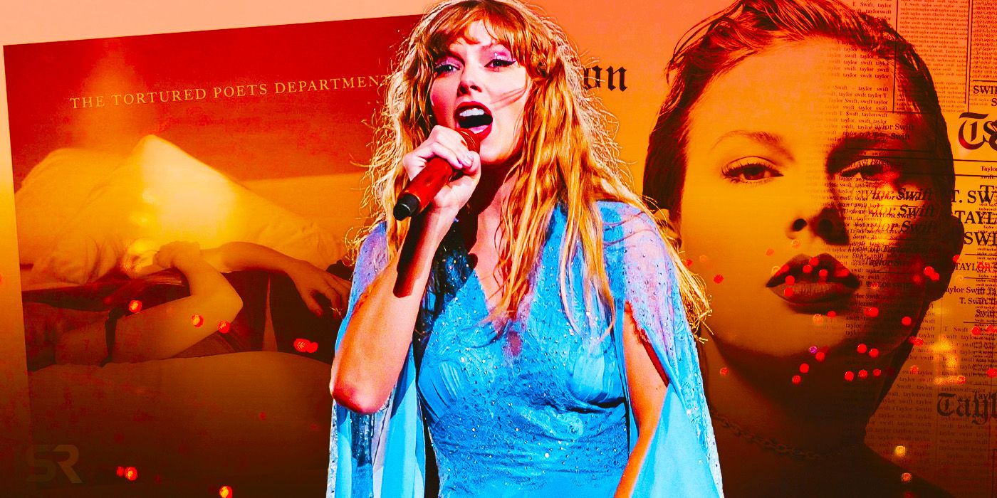 Taylor Swift performing in The Eras Tour with The Tortured Poets Department and Reputation album covers