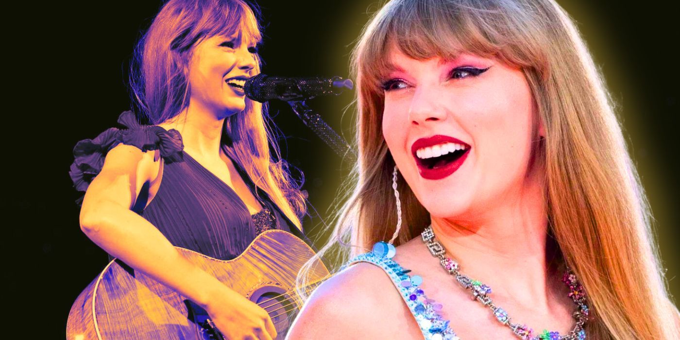 Taylor Swift playing the acoustic guitar for her secret songs and Taylor Swift looking happy during The Eras Tour movie