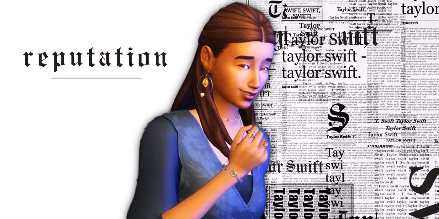 Taylor Swift reference with a sim and Reputation album in Sims 4