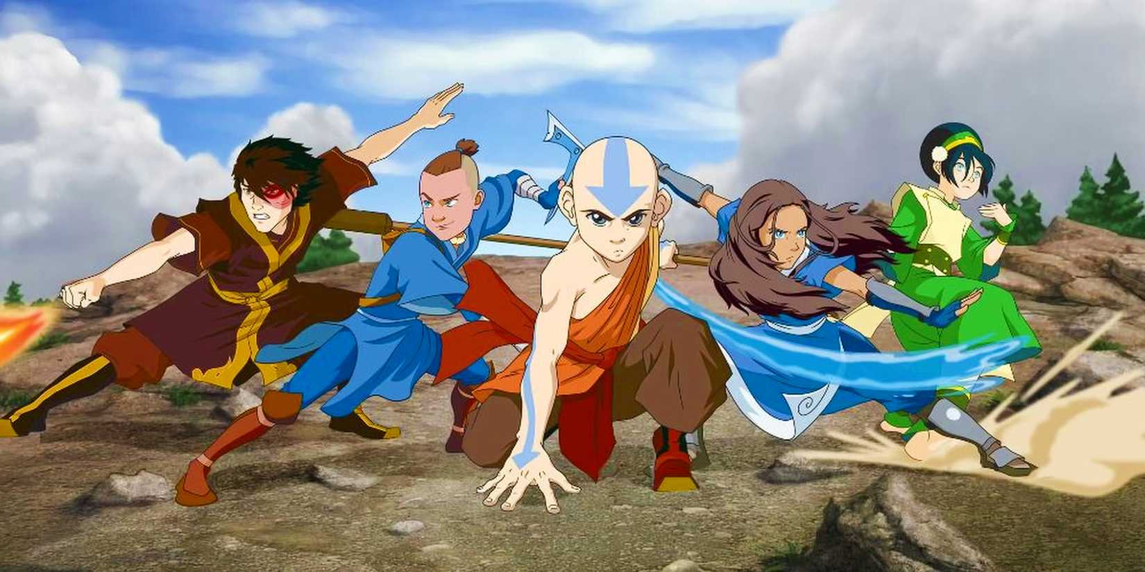 Zuko, Sokka, Aang, Katara, and Toph of Team Avatar posing with their weapons in Avatar: The Last Airbender
