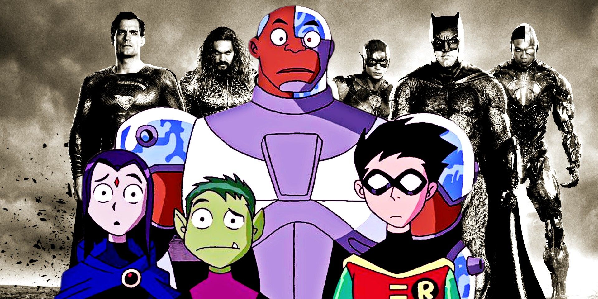The Teen Titans standing in front of the DCEU's Justice League