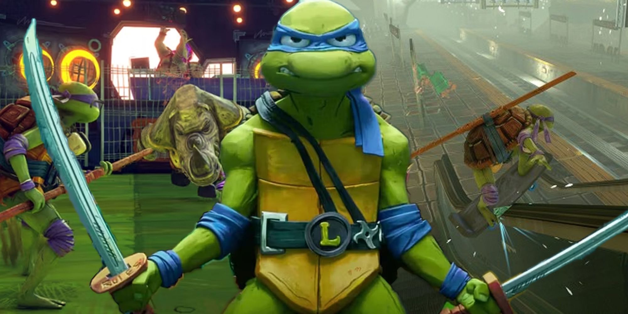 Leonardo with his swords drawn in the TMNT Mutant Mayhem movie, with Donatello grinding on a subway escalator and fighting Rocksteady behind him