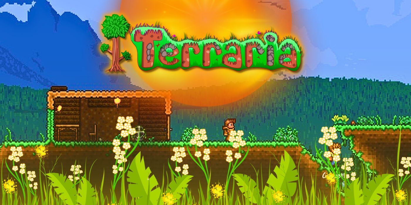 Terraria Logo with a player during the early-game