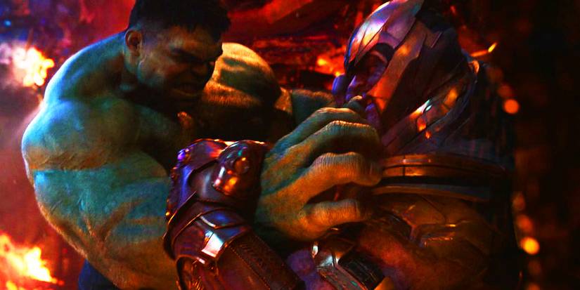 Thanos fighting the Hulk in the opening of Avengers Infinity War