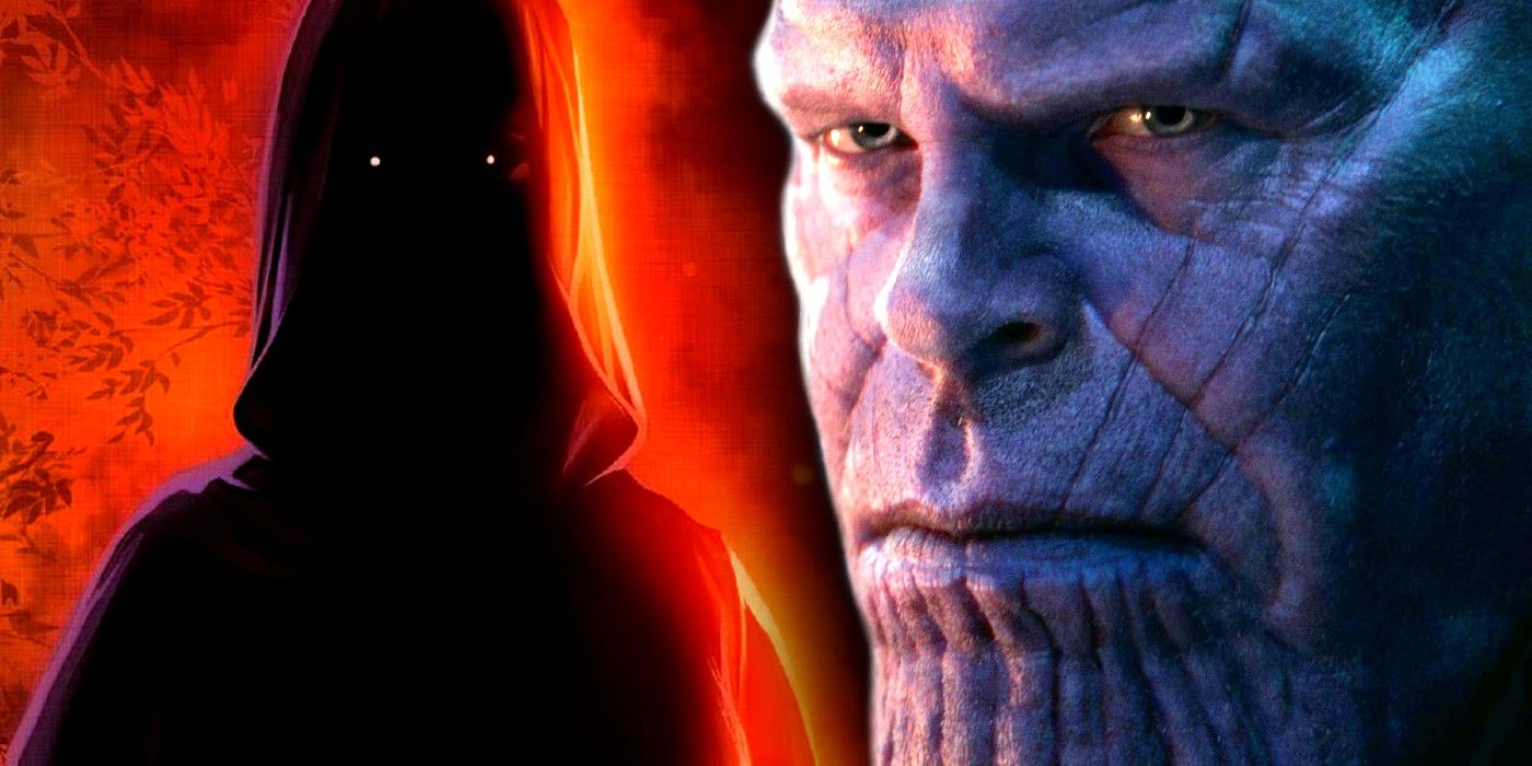 thanos' mcu face in the foreground with ahooded figure behind