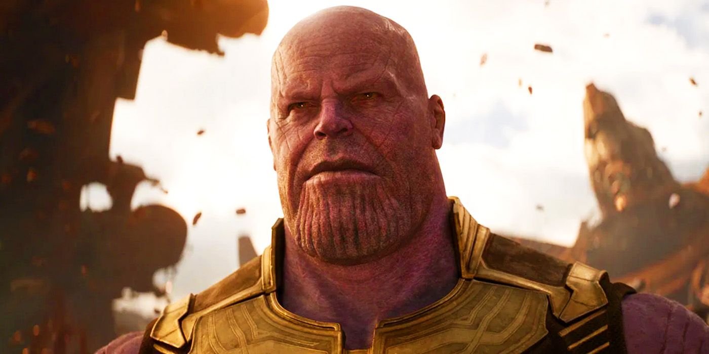 Thanos on Titan facing the Avengers and Guardians of the Galaxy in Avengers Infinity War