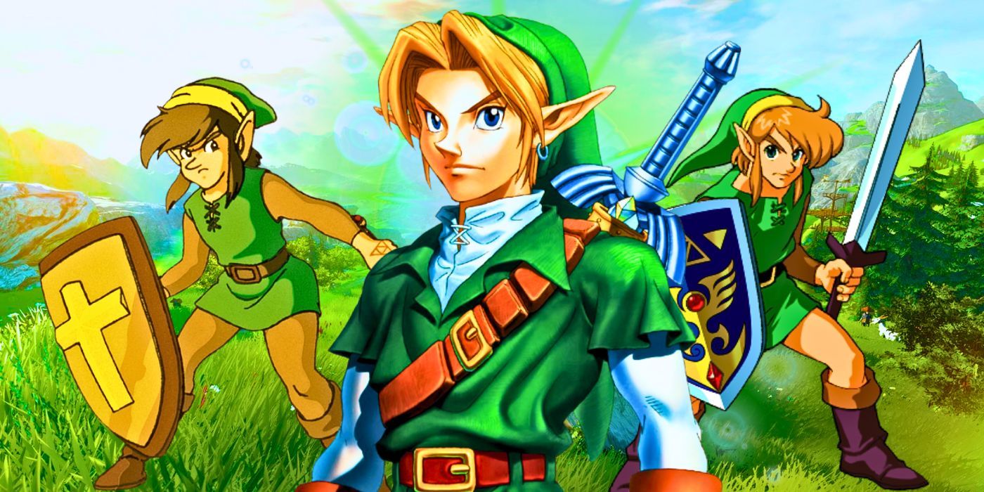 Arte de The Legend of Zelda: Ocarina of Time's Link, com arte semelhante de Link de The Adventure of Link e A Link to the Past em ambos os lados.