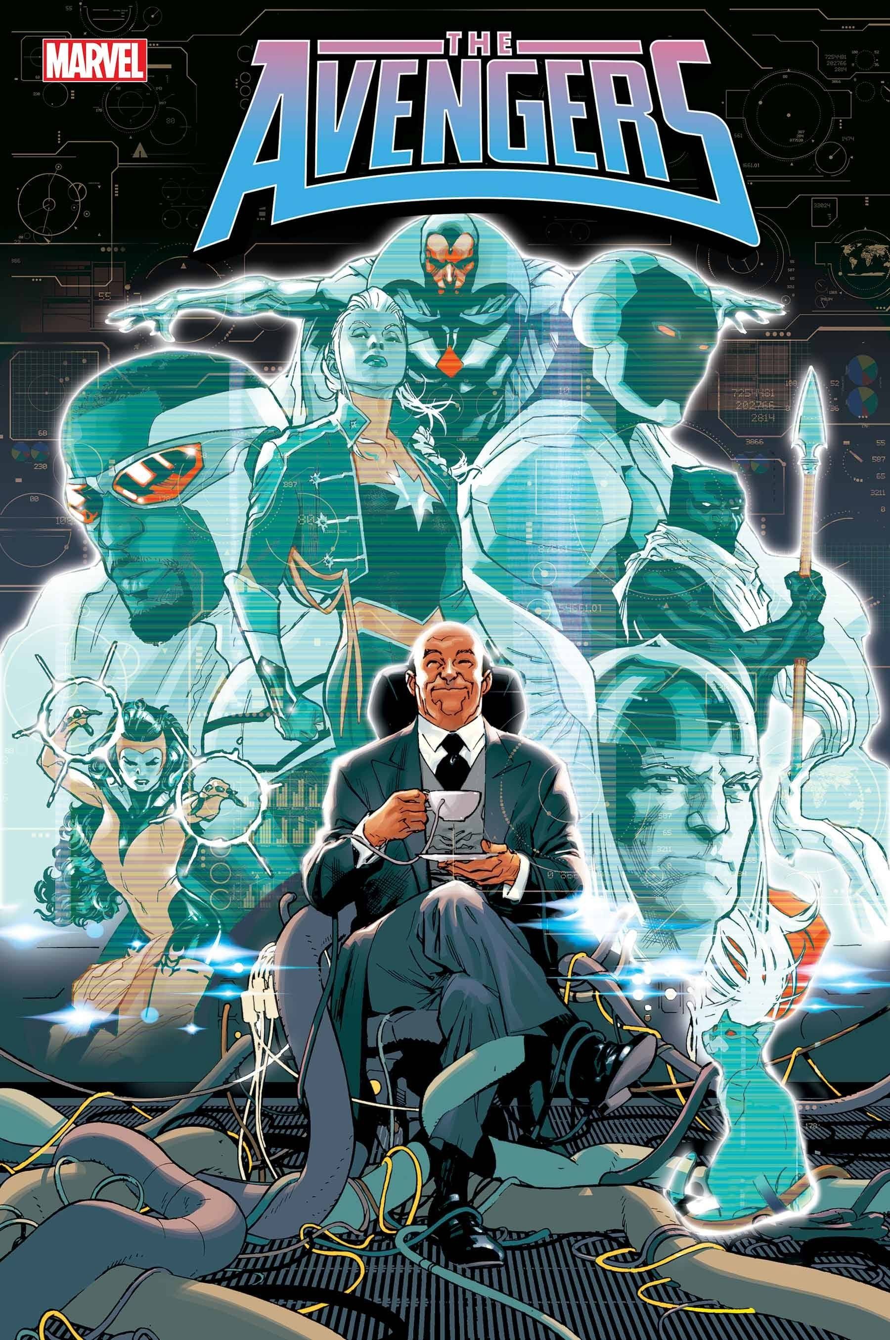  jarvis sits, having a cup of tea with holograms of the avengers behind him