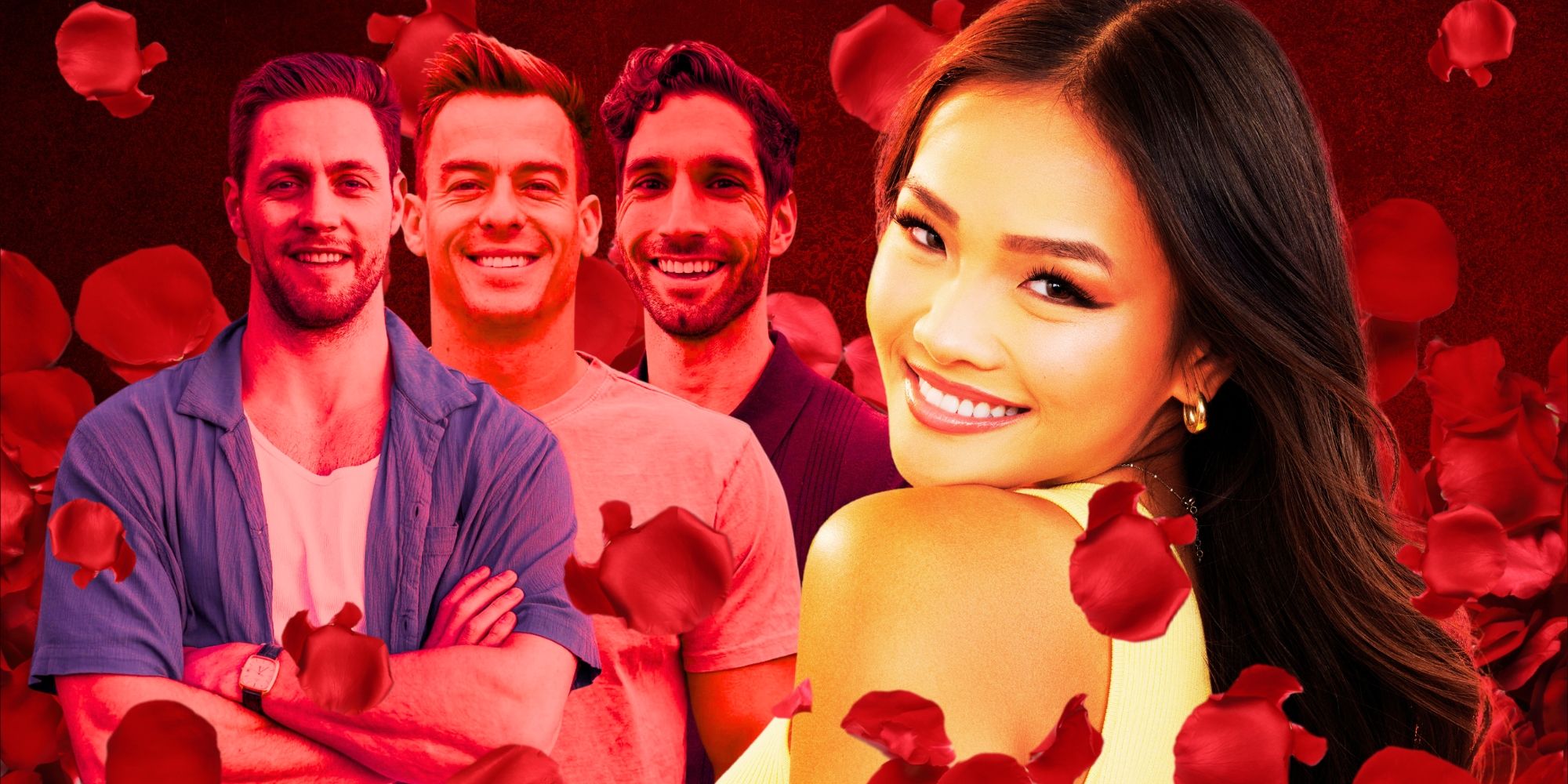 The Bachelorette's Jenn Tran, with three of her potential suitors, surrounded by rose petals
