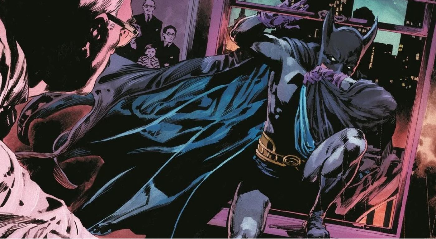 The Bat-Man First Knight # 1 apresentando Batman em seu traje de luva roxo original 