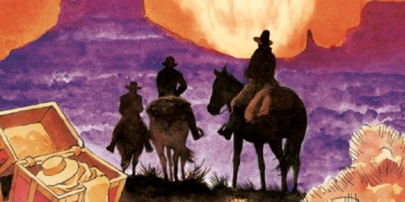 Three cowboys riding horseback silhouetted against a purple watercolor landscape and orange sky