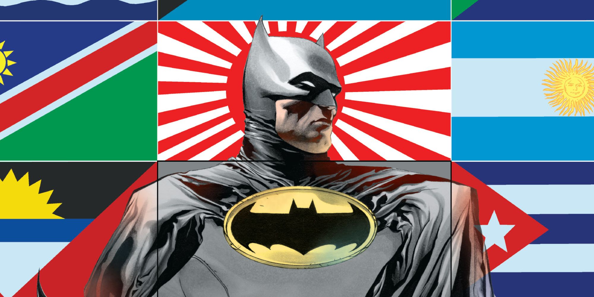 Comic book art: Batman standing in front of various international flags.