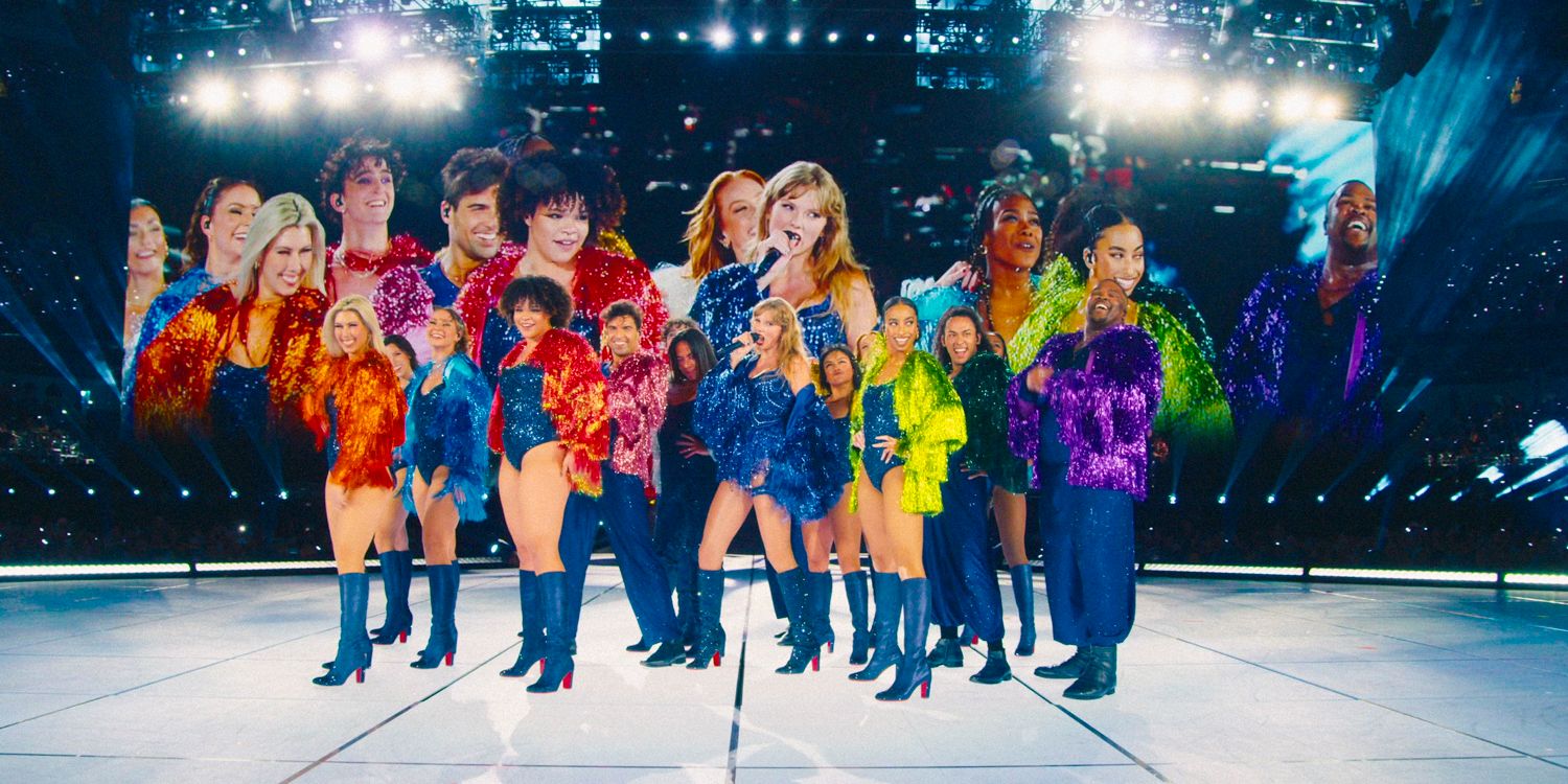 Taylor Swift with all her dancers singing 'Karma' during the closing of her concert, wide shot from the Eras Tour