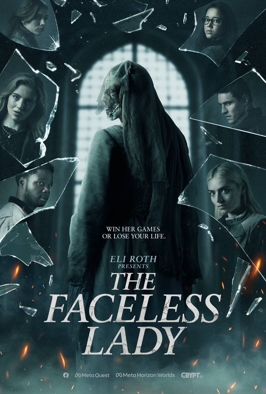 The Faceless Woman Poster Showing a Woman Missing a Face Surrounded by Shattering Glass with Characters' Faces