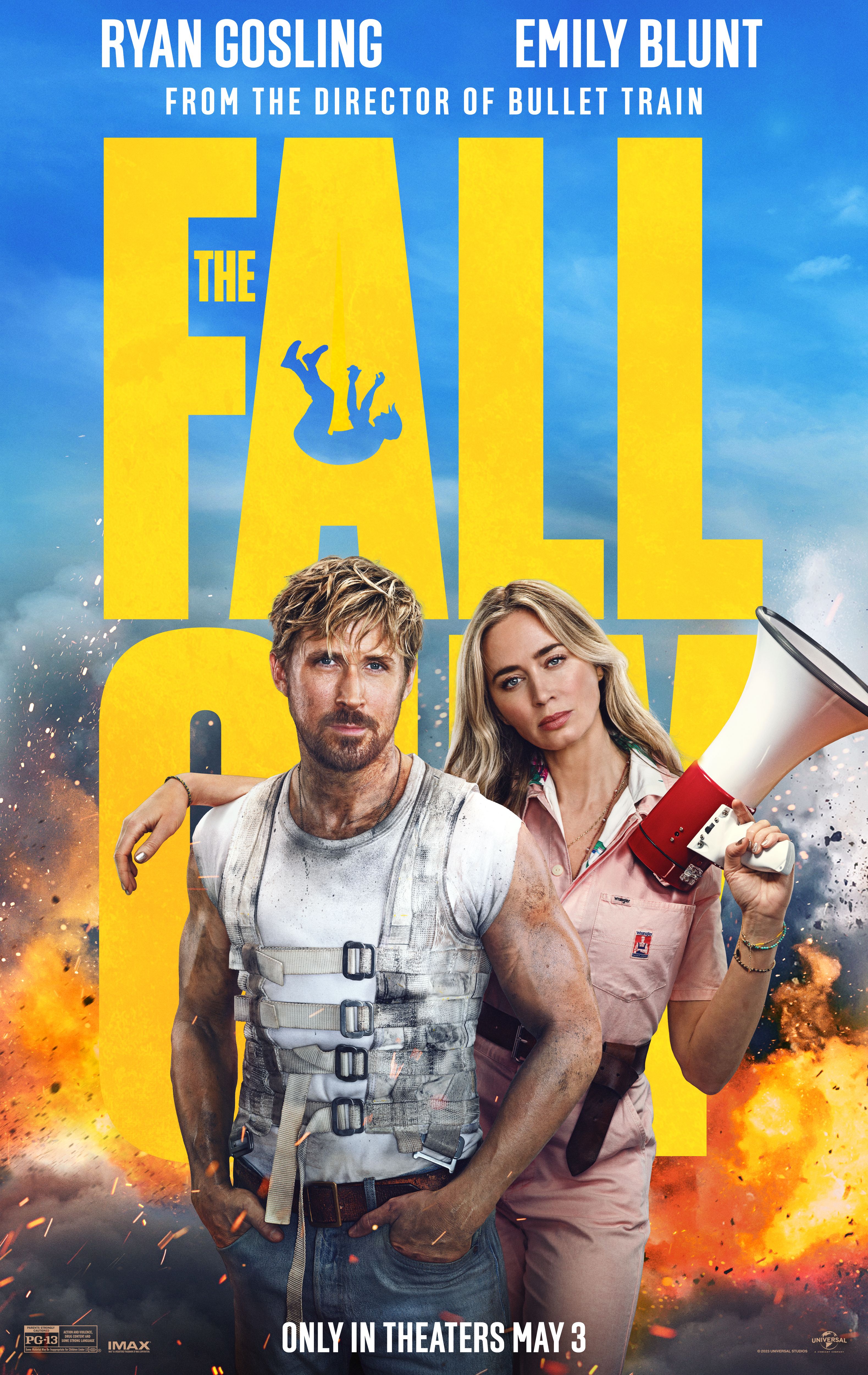 The Fall Guy Movie Poster Featuring Emily Blunt Holding a Megaphone Standing Next to Ryan Gosling in Front of an Explosion