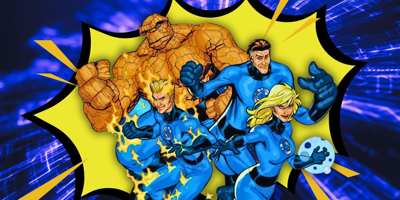 The Fantastic Four in Marvel Comics in front of an explosion effect