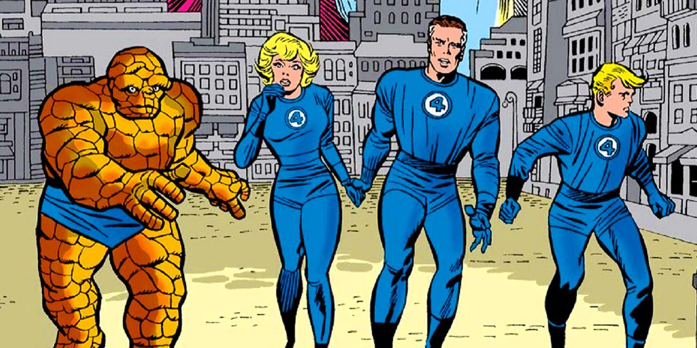 The Fantastic Four in the 1960s in blue costumes in Marvel Comics