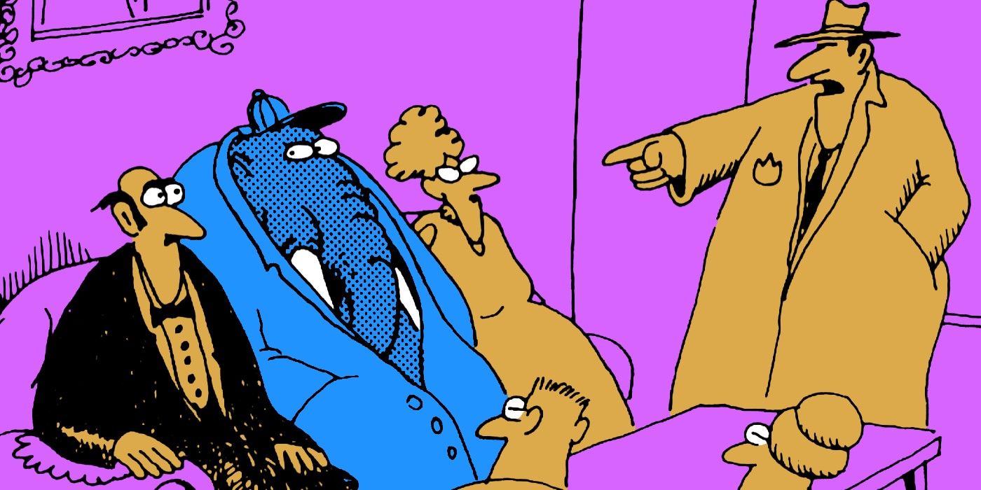 the far side a detective points at an elephant in a trenchcoat