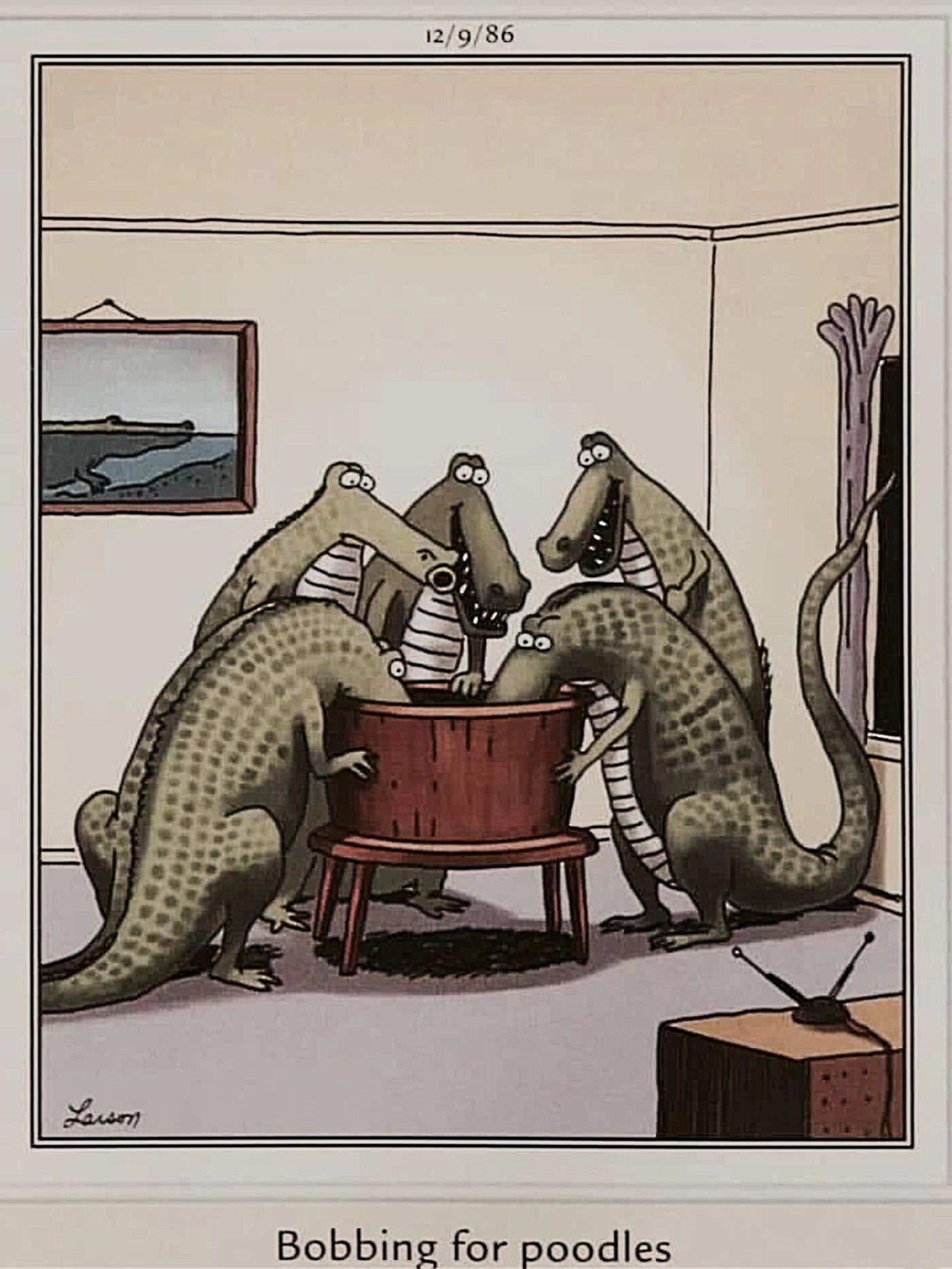 The Far Side, alligators playing 'bobbing for poodles' in infamous strip