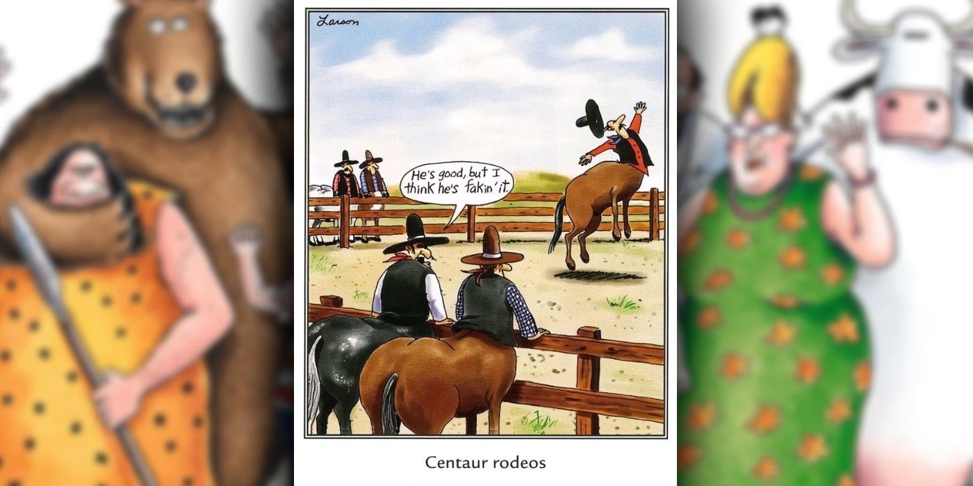 the far side centaur rodeo, where onlookers suspect the centaur is cheating