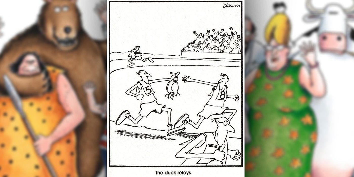 the far side comic - a relay race which uses a duck instead of a baton, caption reads duck relays