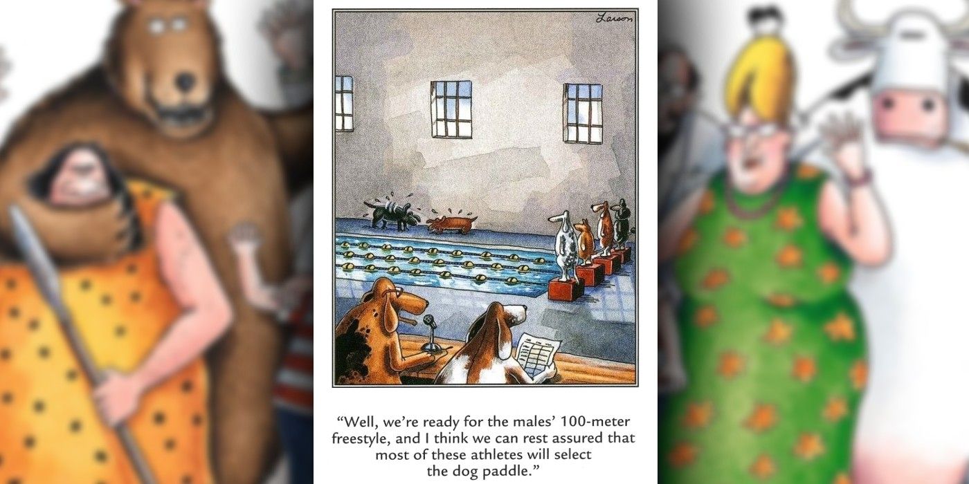 the far side comic dogs doing professional swimming, the commentator guesses the doggy paddle will be used