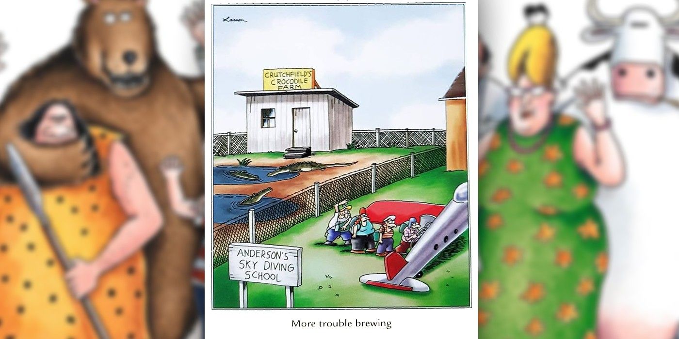 the far side comic showing a skydiving school next to a crocodile farm