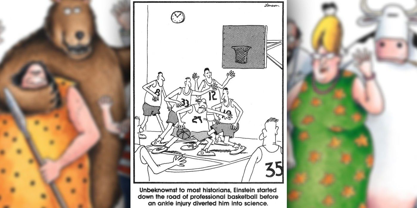 the far side comic showing einstein's early career as a basketball player