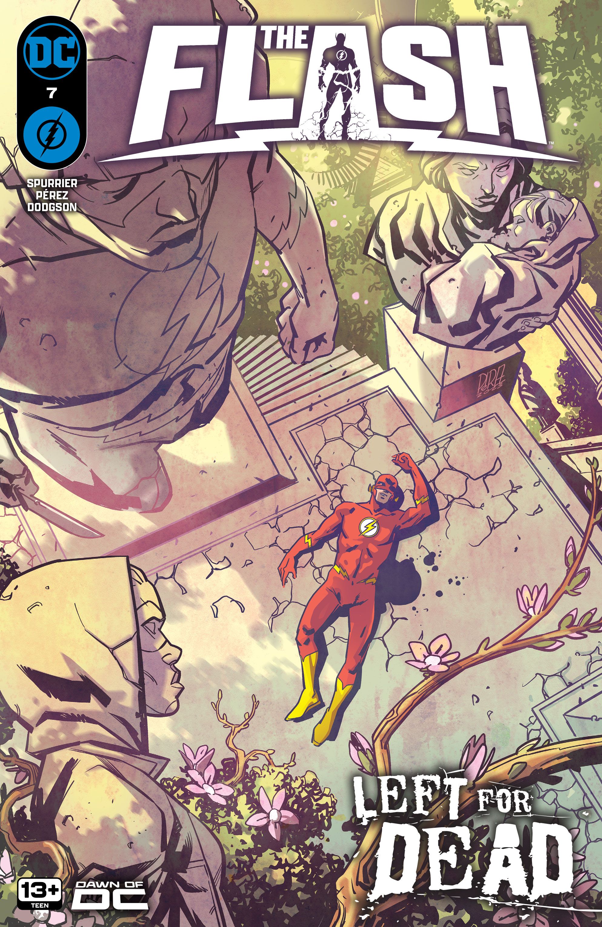 Capa principal de The Flash 7: Flash está inconsciente em um jardim idílico.