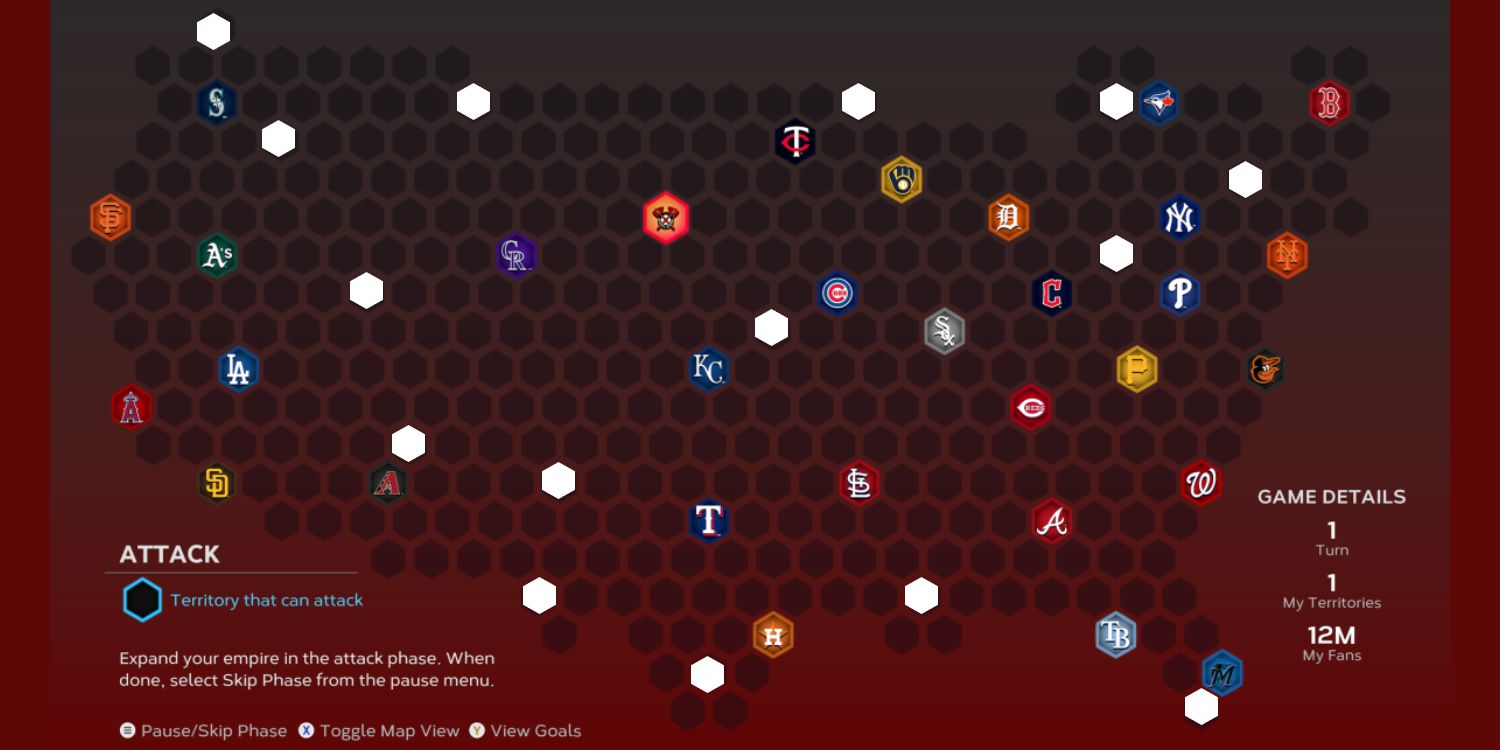 O mapa completo dos EUA do modo Nation of Baseball do MLB The Show 24, com todos os territórios de recompensa ocultos destacados em branco.