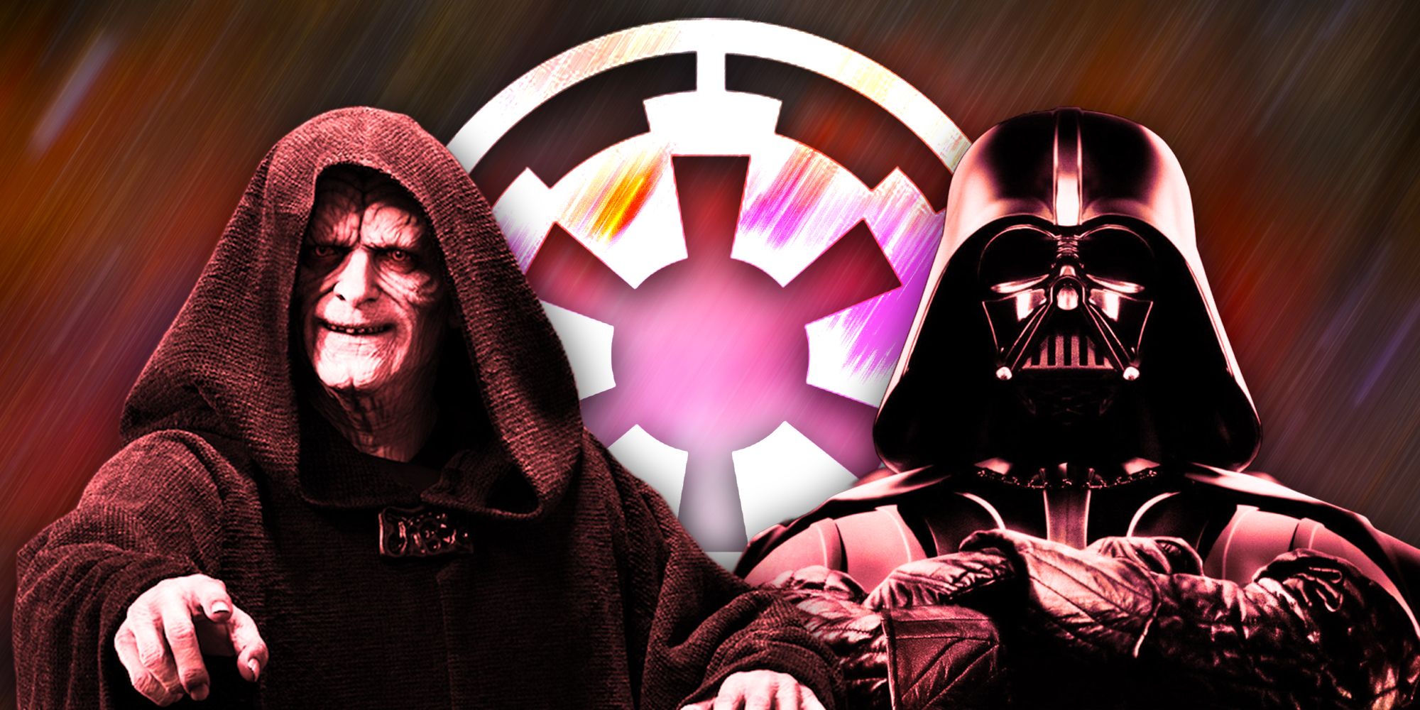 Emperor Palpatine and Darth Vader superimposed on the insignia of the Galactic Empire in Star Wars