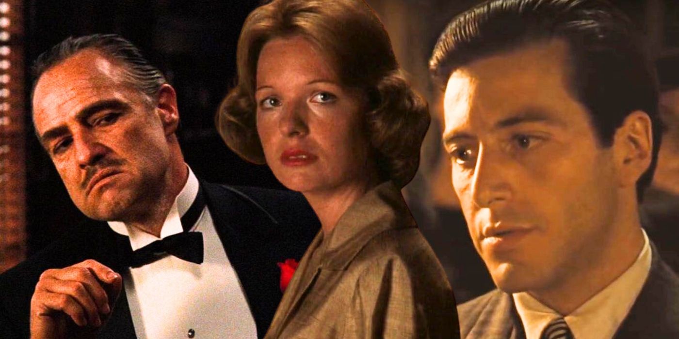 A collage image of Marlon Brando as Don Corleone, alongside Diane Keaton as Kay and Al Pacino as Michael Corleone from the end of The Godfather