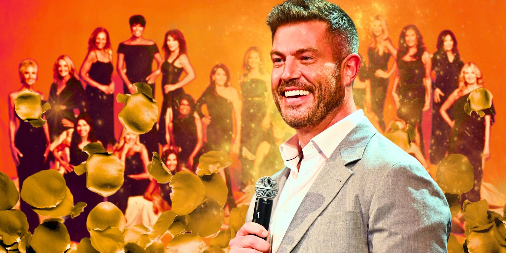 The Bachelor host Jesse Palmer, with The Golden Bachelorette women behind him