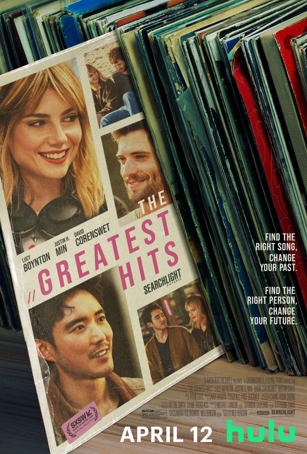 Pôster do filme The Greatest Hits mostrando o elenco na capa de um disco de vinil