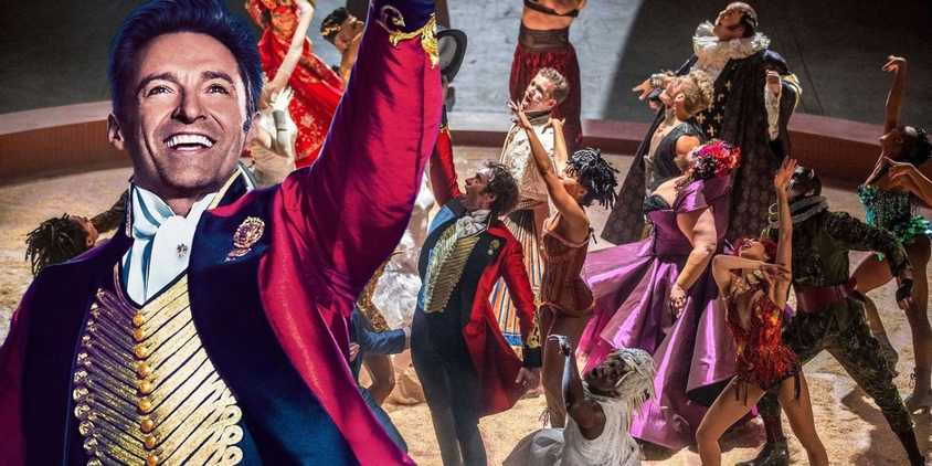 Blended image of Hugh Jackman looking triumphant as P.T. Barnum and him leading the Greatest Showman cast in a musical number