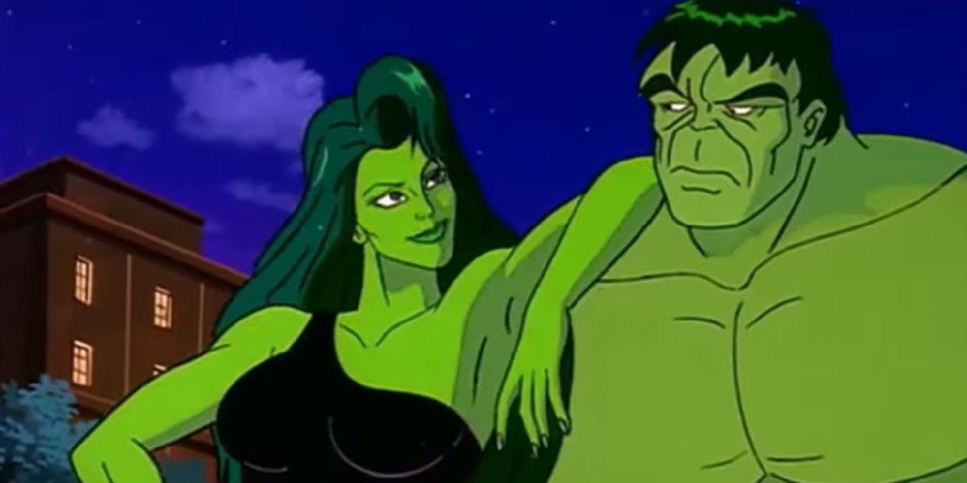 a incrível série animada do Hulk, a Mulher-Hulk sorrindo para o Hulk
