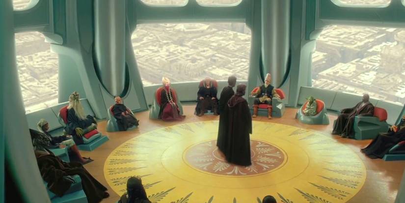 Obi-Wan Kenobi and Anakin Skywalker standing before the Jedi Council in Attack of the Clones