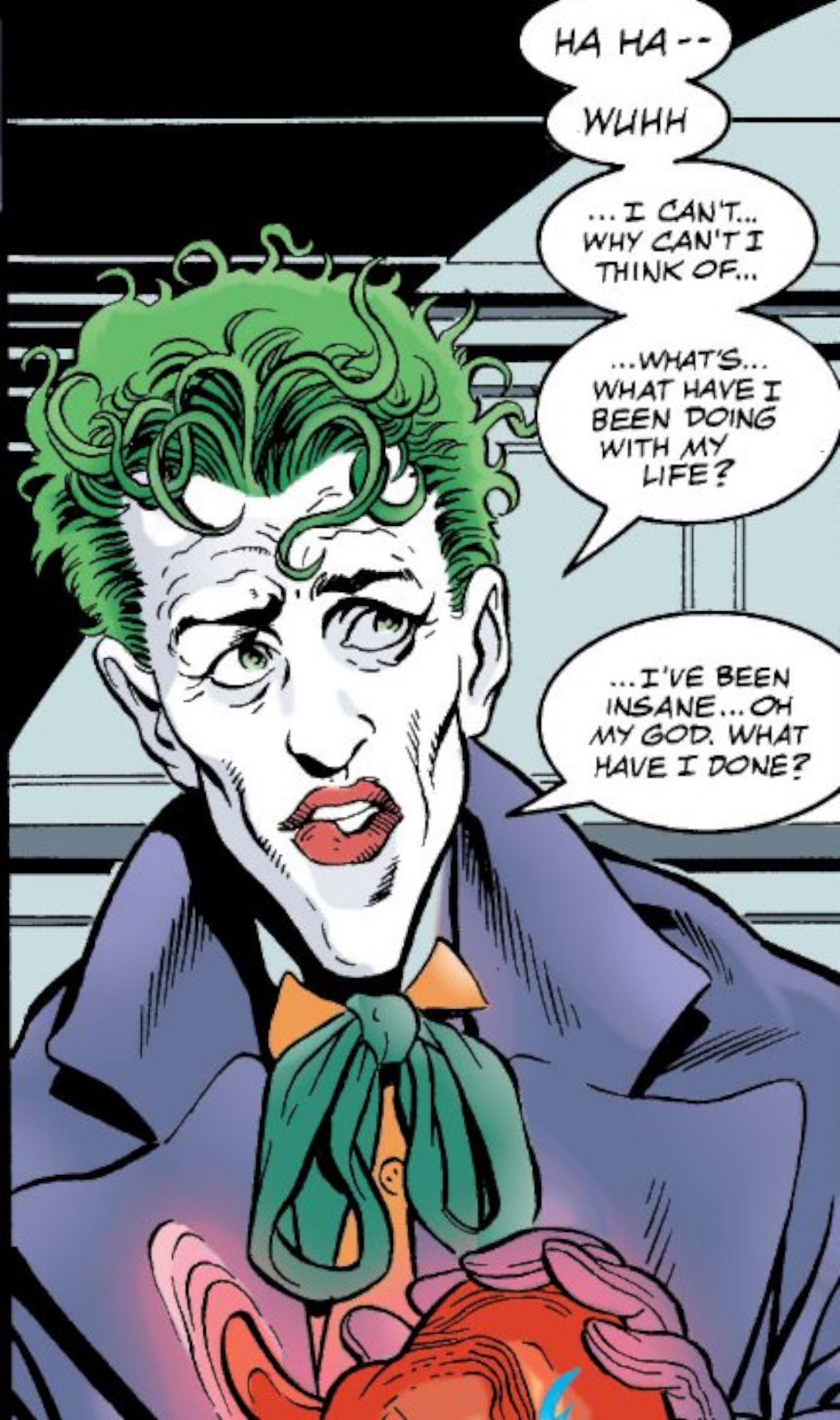 JLA #15, a sanidade do Coringa é restaurada e ele pergunta "Oh meu Deus, o que eu fiz?"