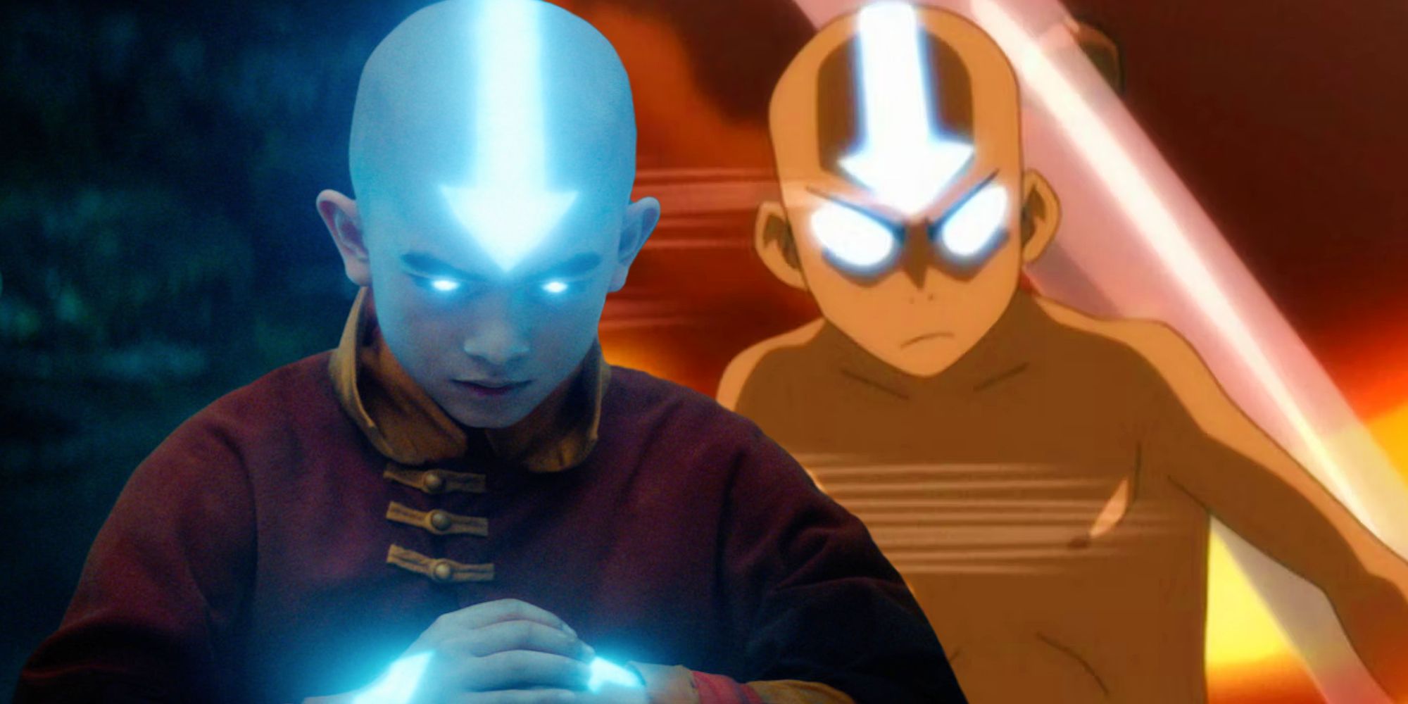 Aang in the Avatar State from Netflix's The Last Airbender next to Aang in the Avatar State in the original show's ending