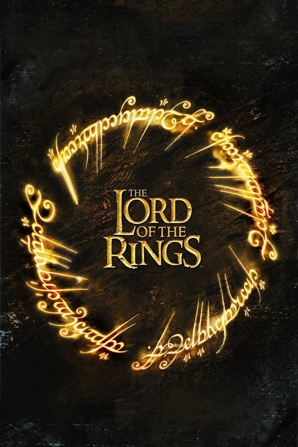 Cartaz da franquia O Senhor dos Anéis com palavras douradas que lembram um anel