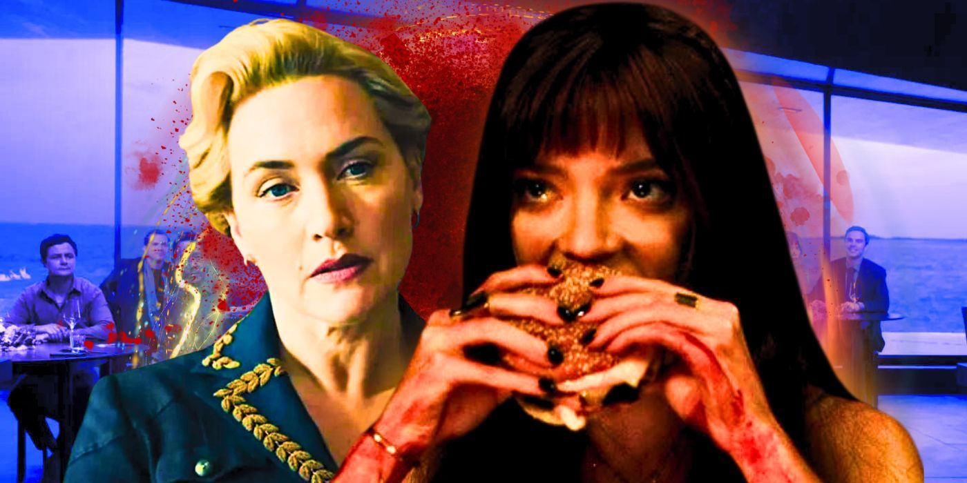 Kate Winslet looking to the right in The Regime with Anya Taylor-Joy eating a cheeseburger in The Menu