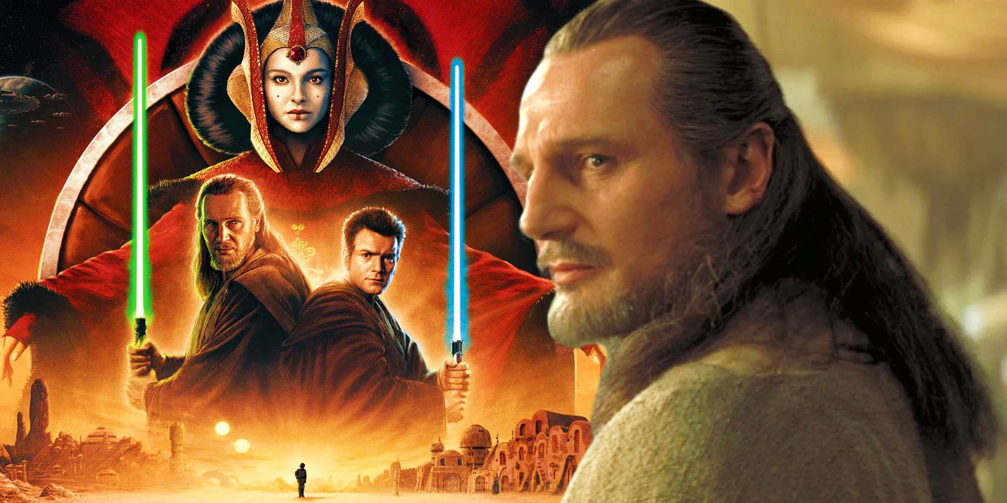Qui-Gon and Obi-Wan wielding their lightsabers beneath Padme in the 25th anniversary poster for The Phantom Menace next to Liam Neeson staring as Qui-Gon Jinn