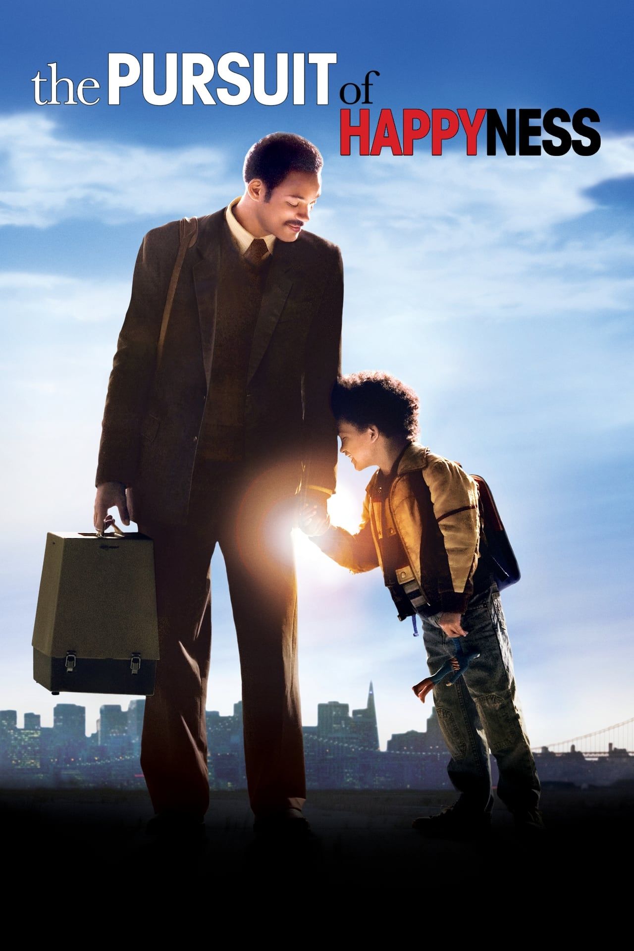 The Pursuit of Happyness Movie Poster Showing Will Smith and Jaden Smith Holding Hands With a Skyline in the Background
