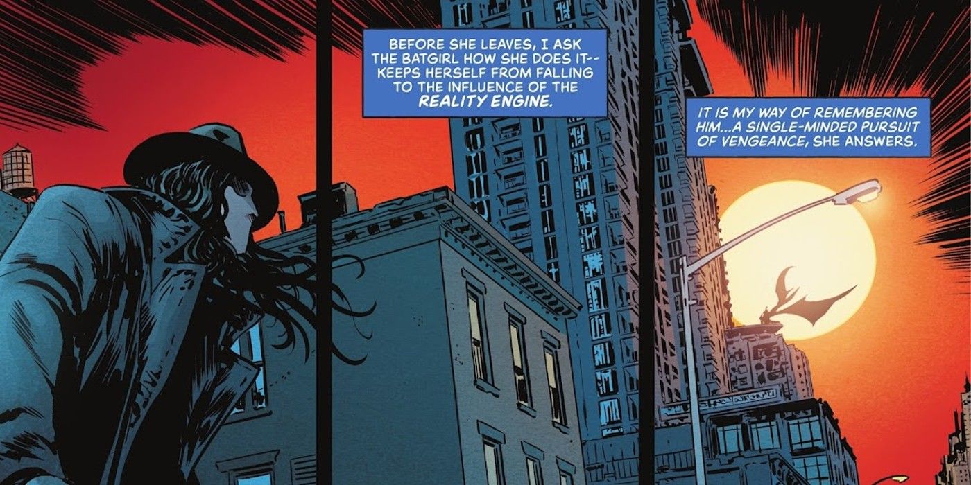 Painéis de quadrinhos: A Questão pensa em Batman olhando para Batgirl Cassandra Cain