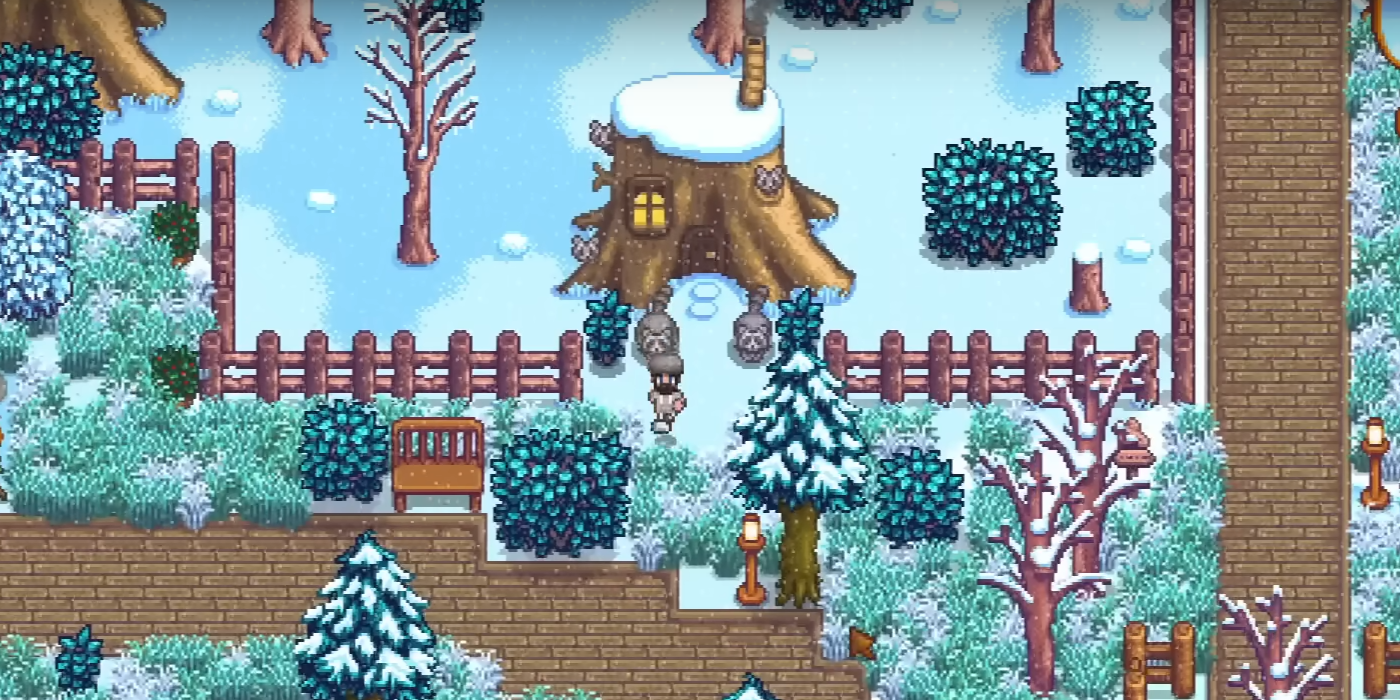 O vendedor de guaxinins na frente de um toco gigante em Stardew Valley